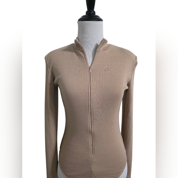 Lulus Up For It Beige Long Sleeve Zip-Front Bodysuit - Picture 4 of 7